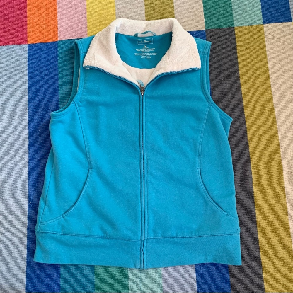 L.L. Bean Turquoise Fleece Vest with White Collar